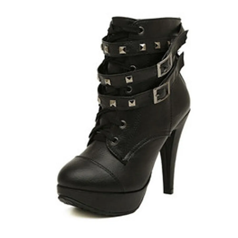 2018 spring fashion Women Black High Heel Martin Ankle Boots Buckle Gothic Punk Motorcycle Combat Boots Platform shoes