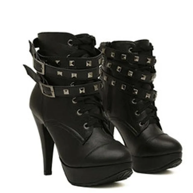2018 spring fashion Women Black High Heel Martin Ankle Boots Buckle Gothic Punk Motorcycle Combat Boots Platform shoes