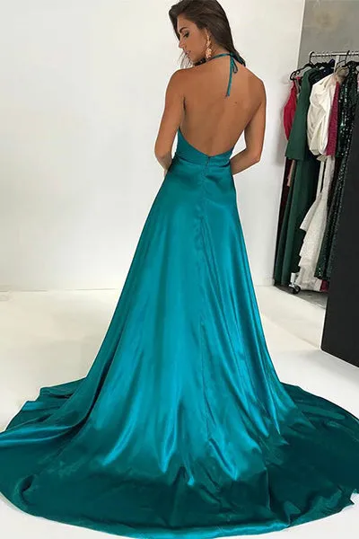 A-Line Deep V-Neck Sweep Train Turquoise Satin Backless Sleeveless Prom Dress C005