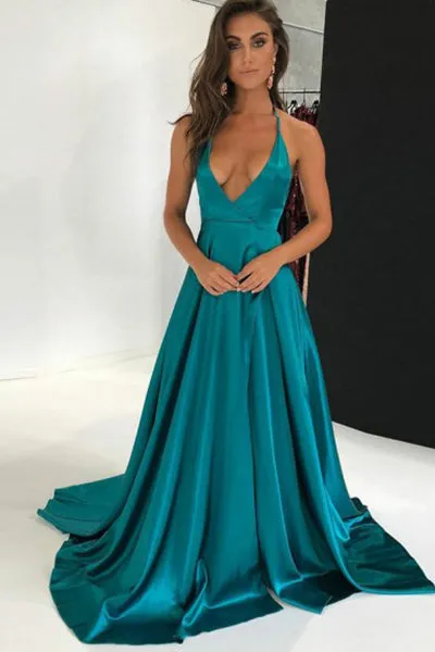 A-Line Deep V-Neck Sweep Train Turquoise Satin Backless Sleeveless Prom Dress C005