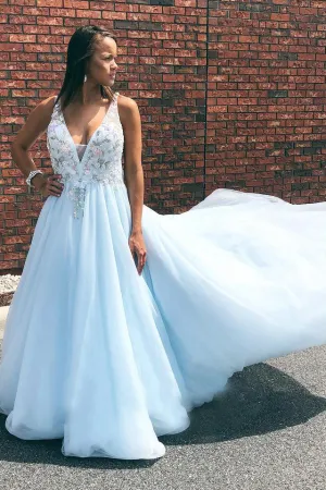 A Line V-neck Open Back Criss-Cross Straps Prom Dresses Sleeveless Long Tulle Embroidery Prom Dress OHC245