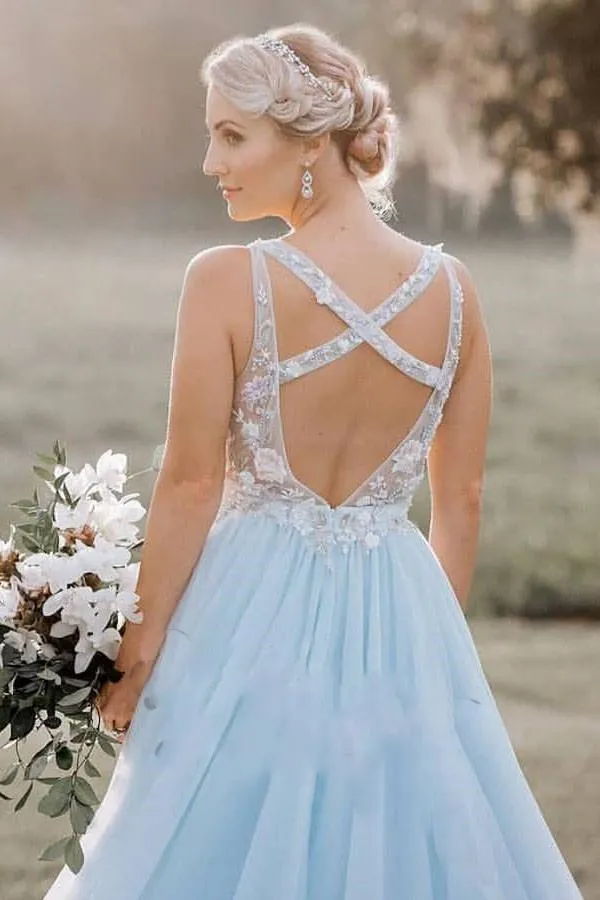 A Line V-neck Open Back Criss-Cross Straps Prom Dresses Sleeveless Long Tulle Embroidery Prom Dress OHC245