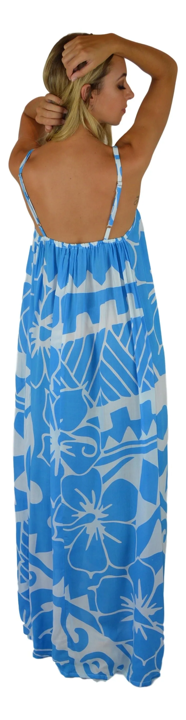 Aloha Royale - Bali Dress- Long - Hawaiian Hibiscus - Turquoise