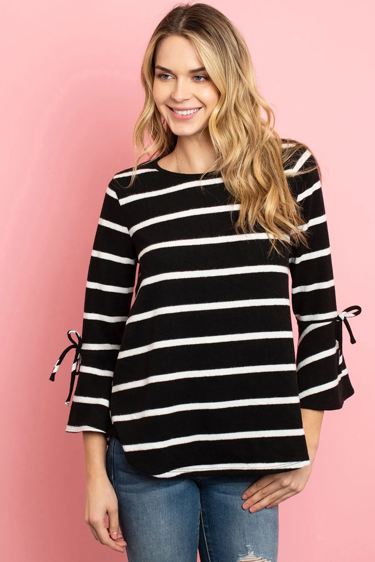 Bell Sleeve Ribbon Detail Stripe Round Hem Top