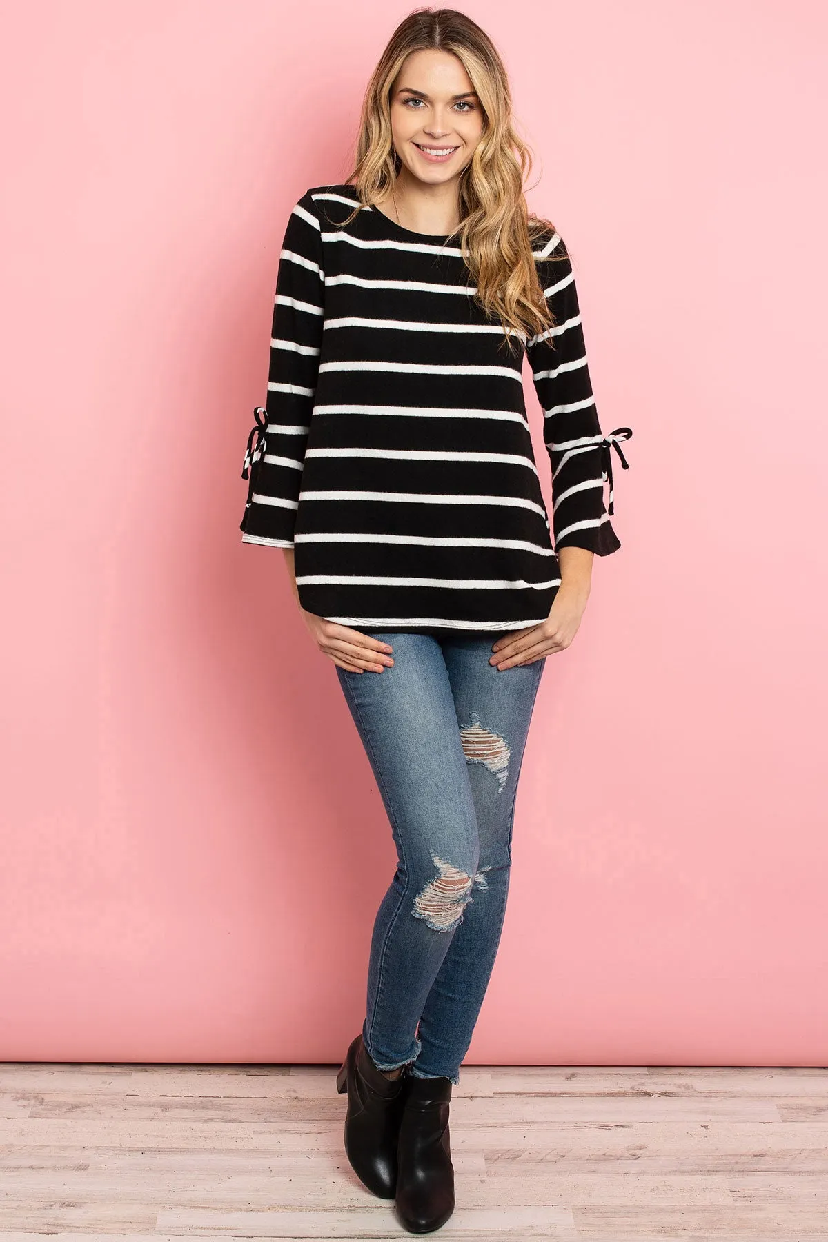 Bell Sleeve Ribbon Detail Stripe Round Hem Top
