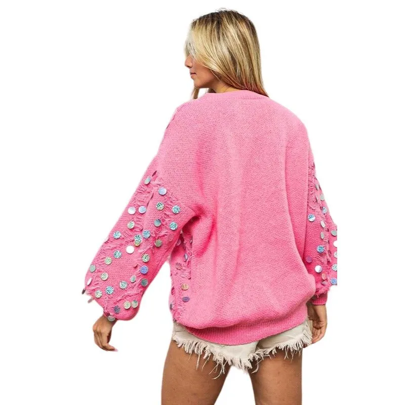 BiBi Pink Distressed Bishop Sleeve Spangled Sweater IP8581J