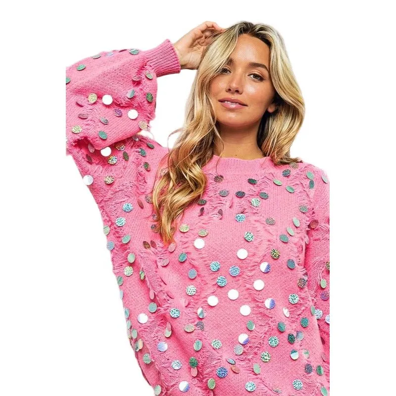 BiBi Pink Distressed Bishop Sleeve Spangled Sweater IP8581J
