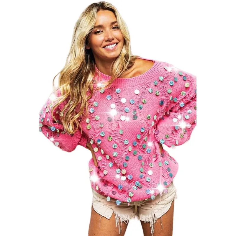 BiBi Pink Distressed Bishop Sleeve Spangled Sweater IP8581J