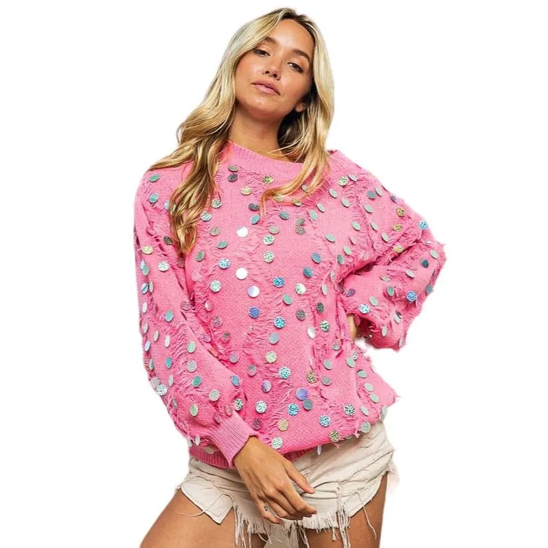 BiBi Pink Distressed Bishop Sleeve Spangled Sweater IP8581J