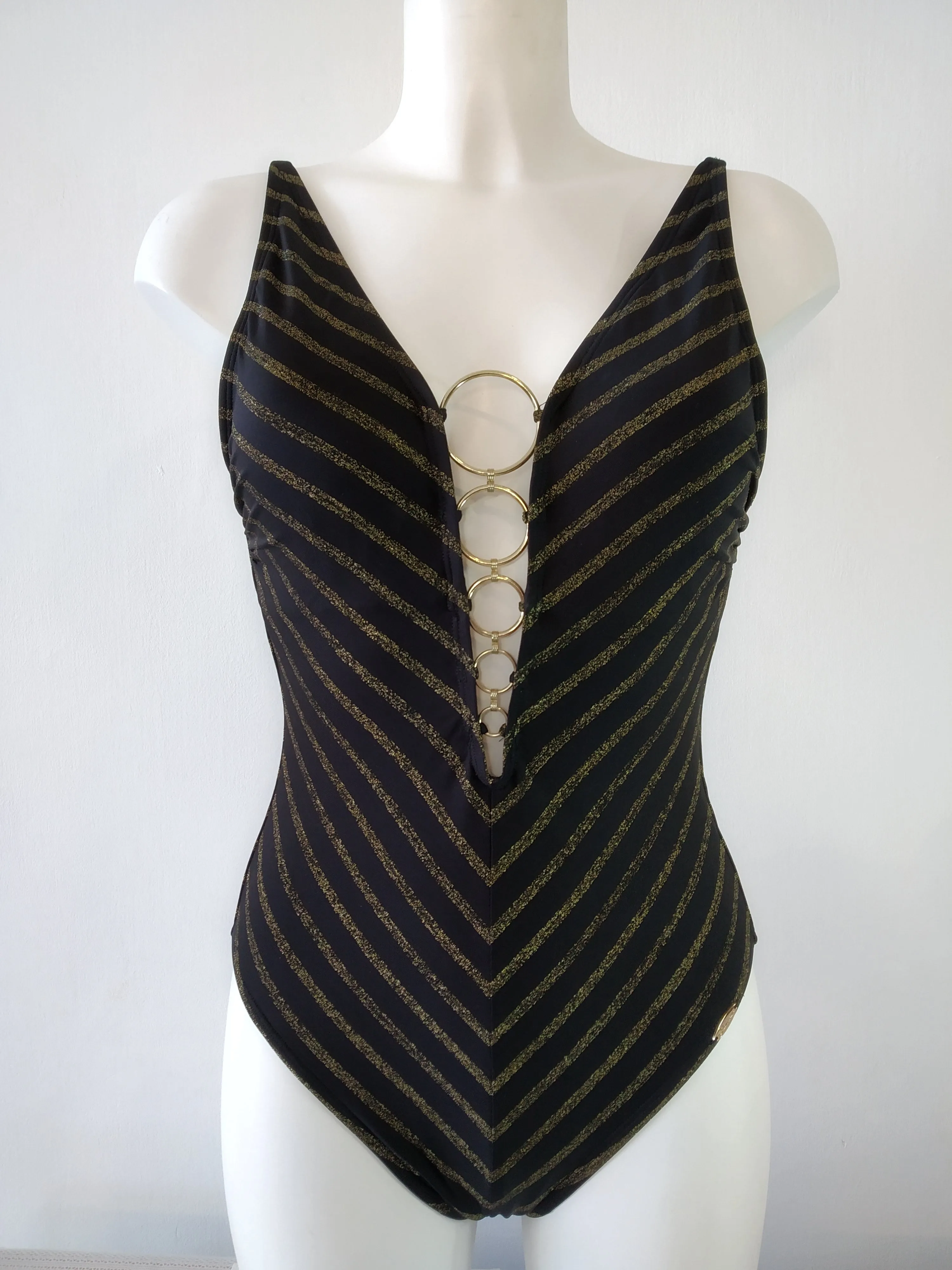 Black and Gold deep V Swimsuit