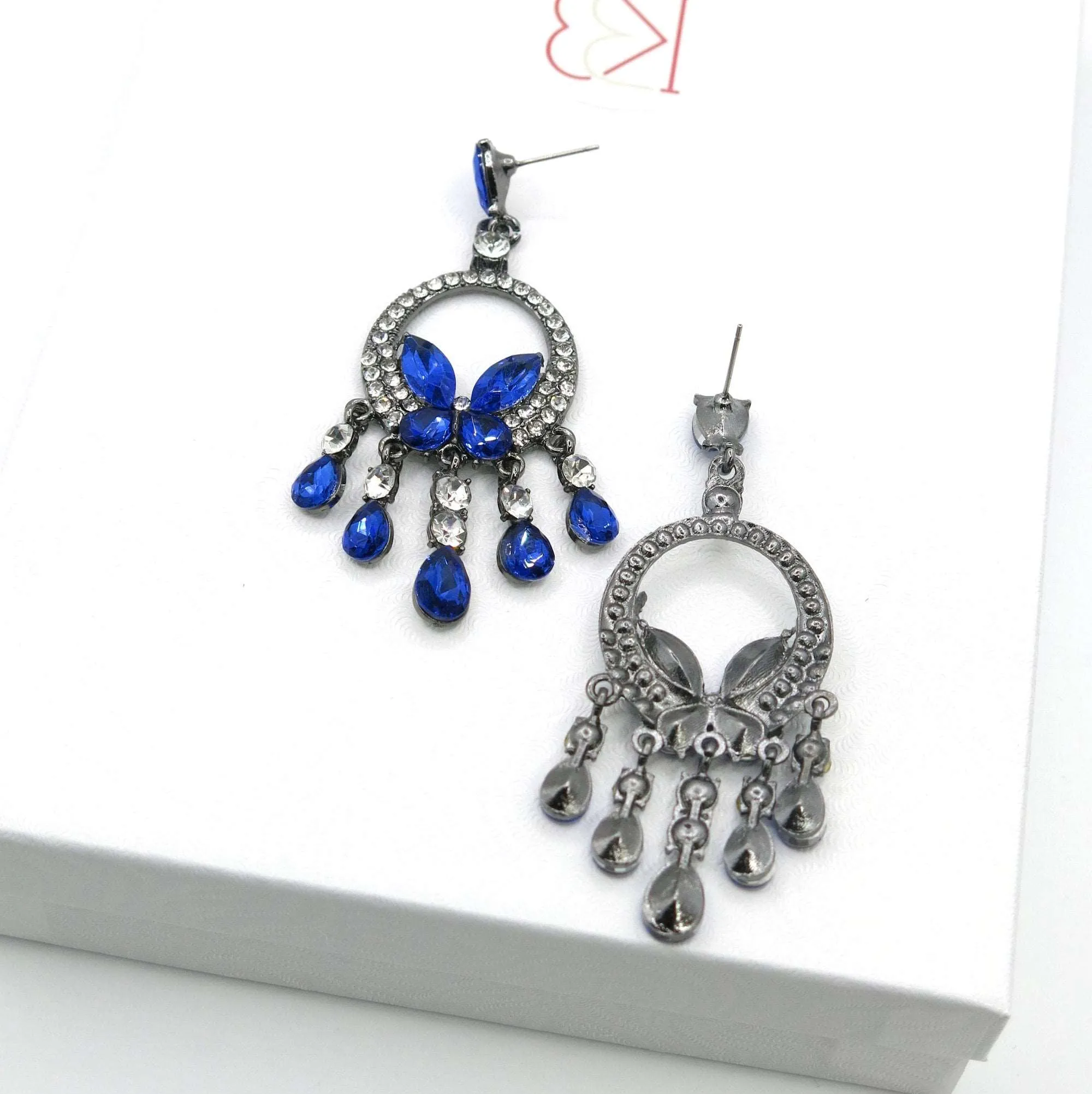 Blue Crystal Windchime Earrings, Rhinestone Earrings, Bridesmaid Dangle Crystal Earrings, Wedding Blue Gem Butterfly Stud Earrings
