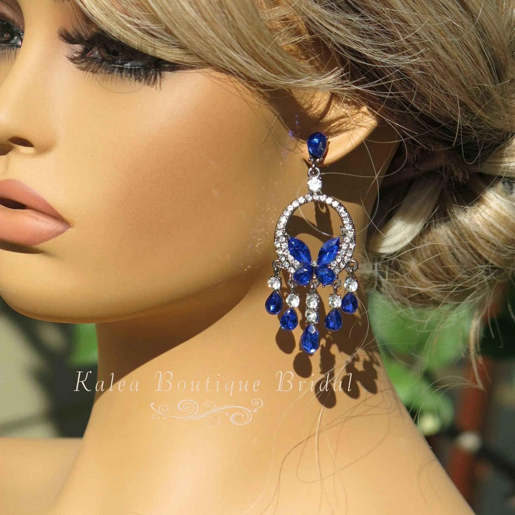Blue Crystal Windchime Earrings, Rhinestone Earrings, Bridesmaid Dangle Crystal Earrings, Wedding Blue Gem Butterfly Stud Earrings