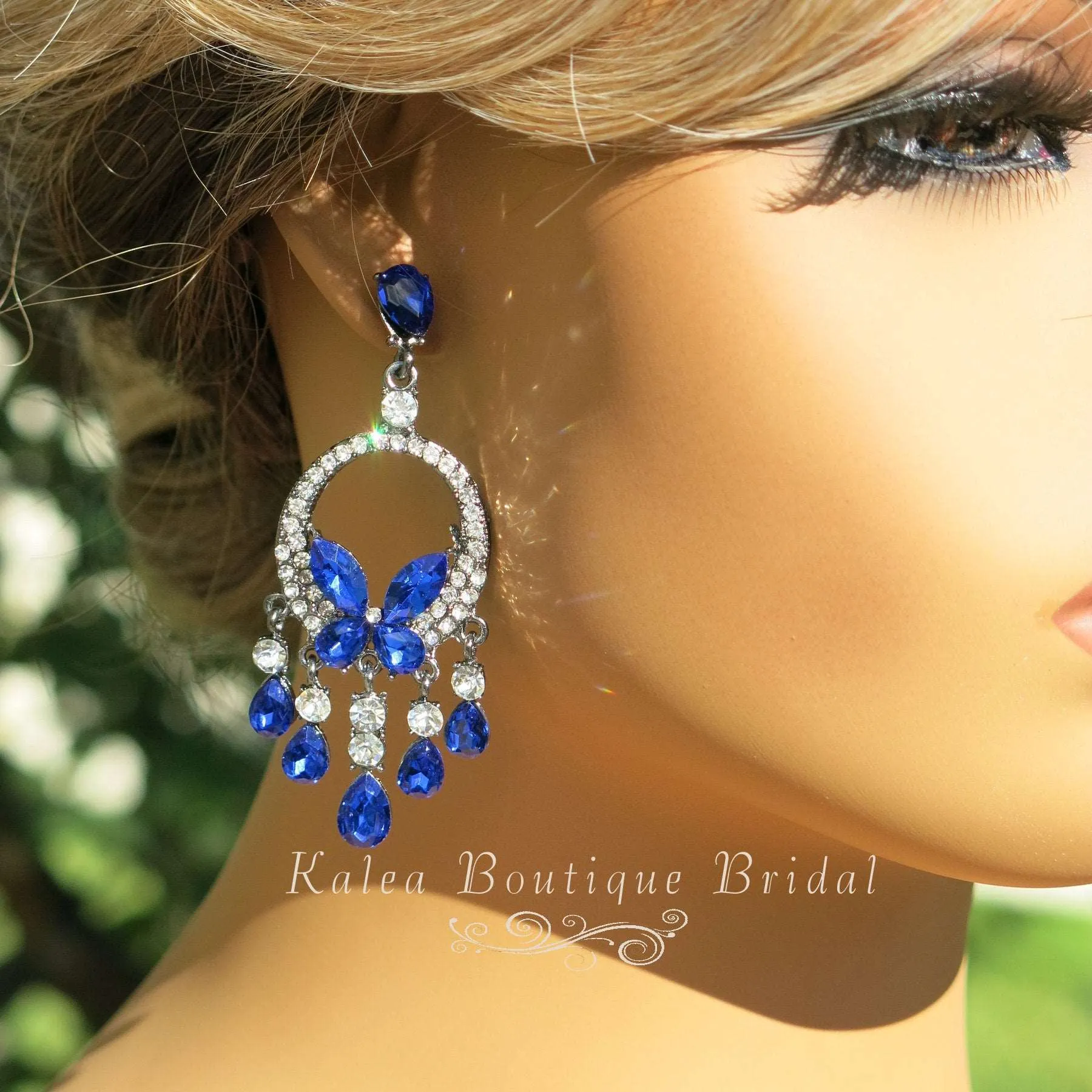 Blue Crystal Windchime Earrings, Rhinestone Earrings, Bridesmaid Dangle Crystal Earrings, Wedding Blue Gem Butterfly Stud Earrings