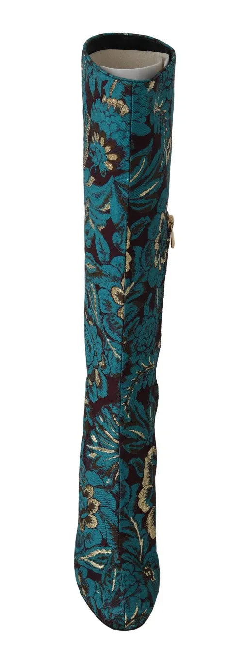 Blue Jacquard Lurex Knee Boots