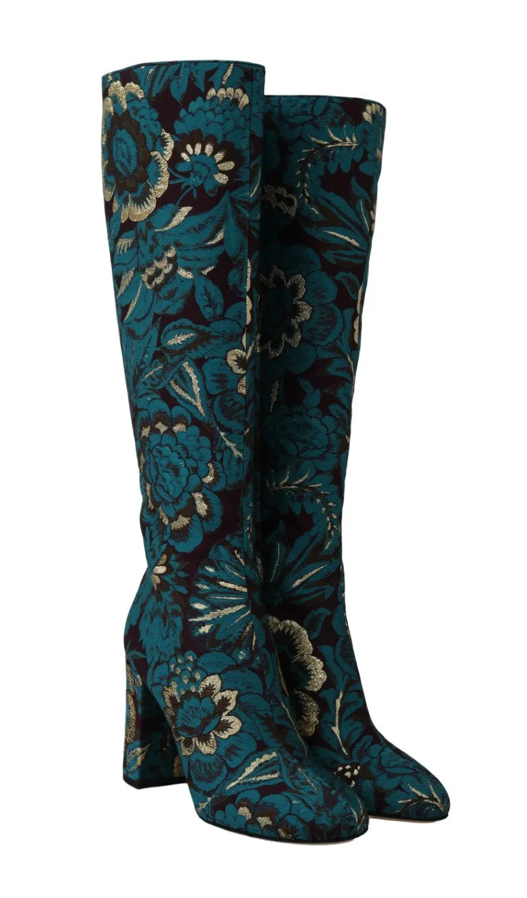 Blue Jacquard Lurex Knee Boots