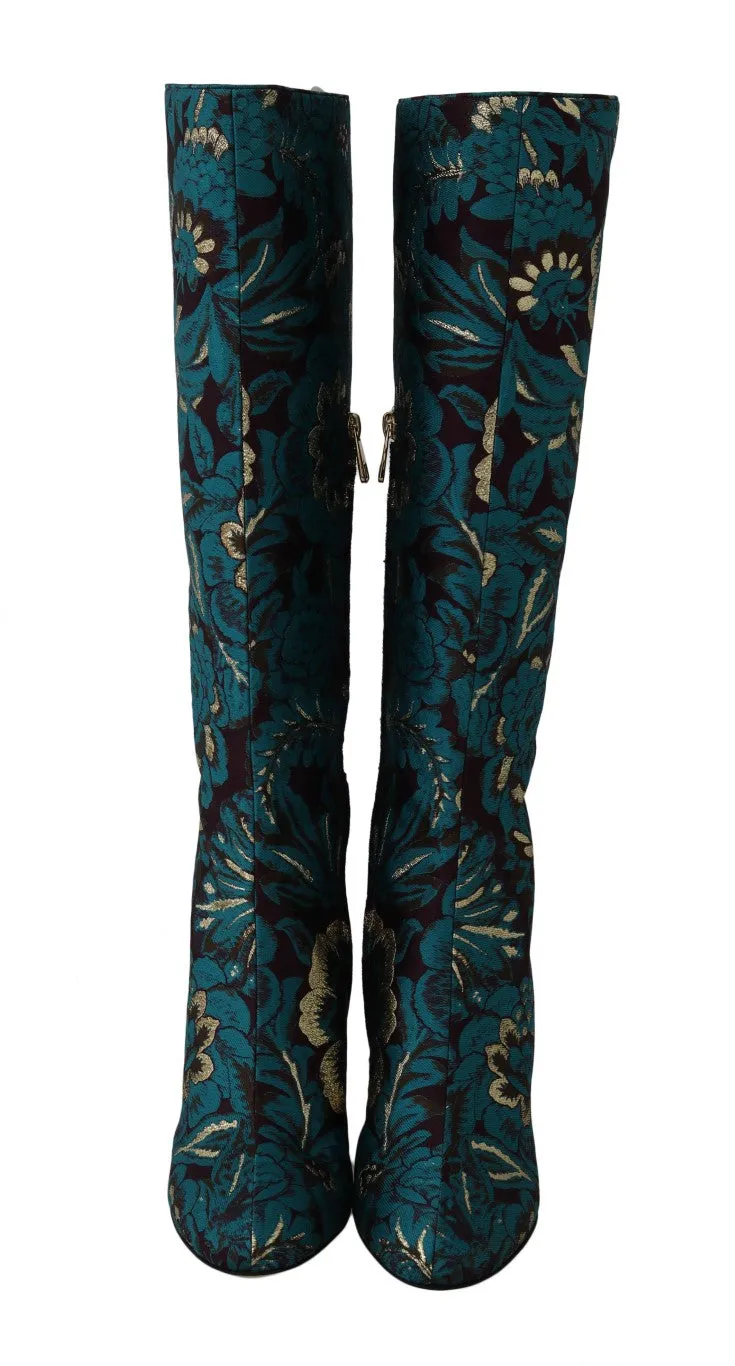 Blue Jacquard Lurex Knee Boots