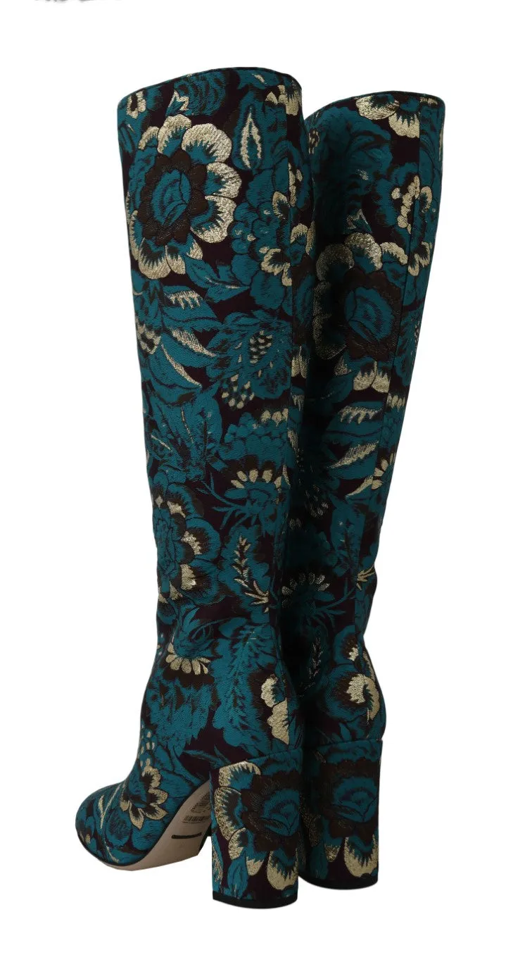 Blue Jacquard Lurex Knee Boots