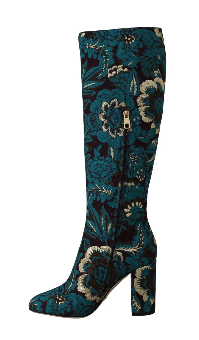 Blue Jacquard Lurex Knee Boots