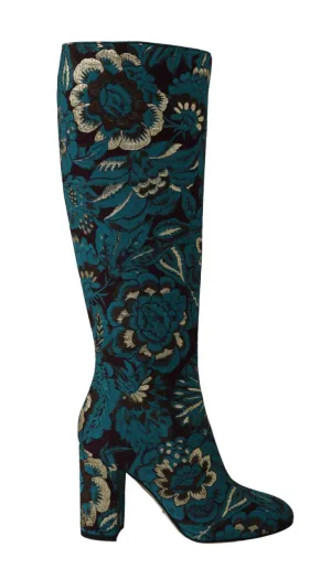 Blue Jacquard Lurex Knee Boots