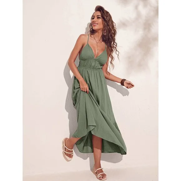 boho Criss Cross Backless Ruffle Hem Cami maxi Dress