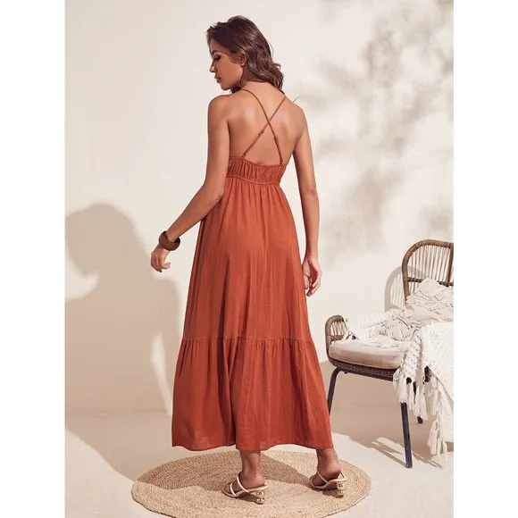 boho Criss Cross Backless Ruffle Hem Cami maxi Dress