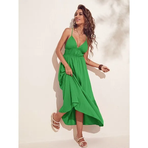 boho Criss Cross Backless Ruffle Hem Cami maxi Dress