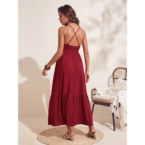 boho Criss Cross Backless Ruffle Hem Cami maxi Dress