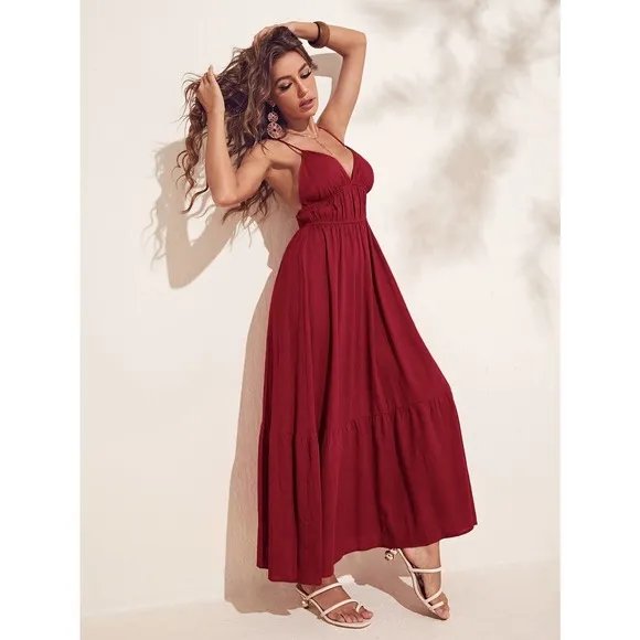 boho Criss Cross Backless Ruffle Hem Cami maxi Dress