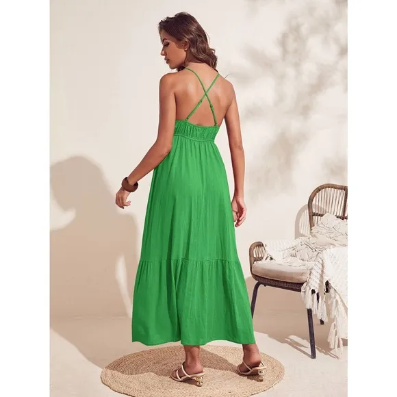 boho Criss Cross Backless Ruffle Hem Cami maxi Dress