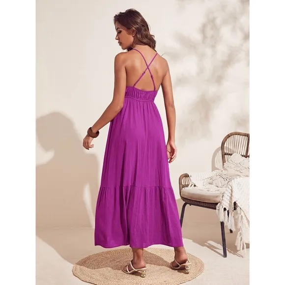 boho Criss Cross Backless Ruffle Hem Cami maxi Dress