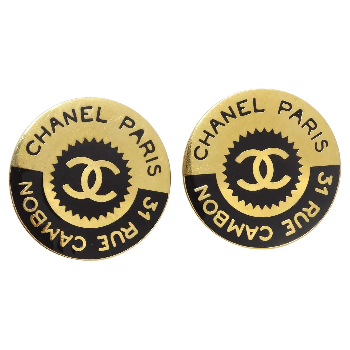 Chanel 1980s 31 Rue Cambon Logo Black Gold Plated Earrings