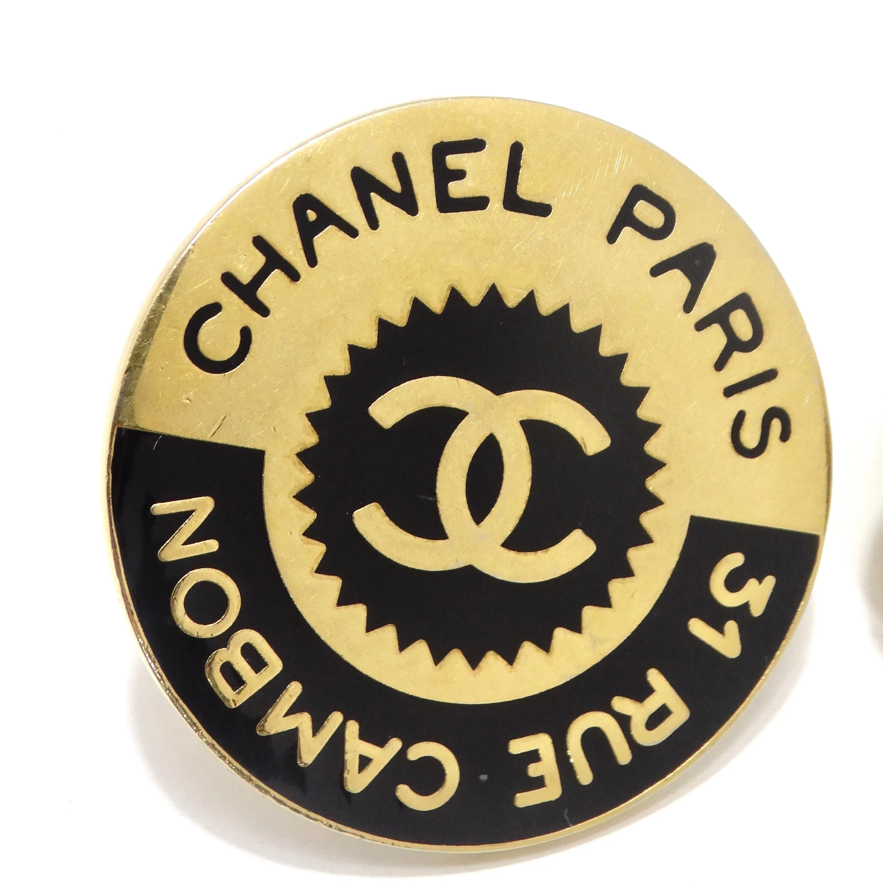 Chanel 1980s 31 Rue Cambon Logo Black Gold Plated Earrings