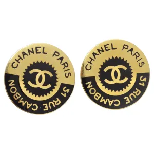 Chanel 1980s 31 Rue Cambon Logo Black Gold Plated Earrings