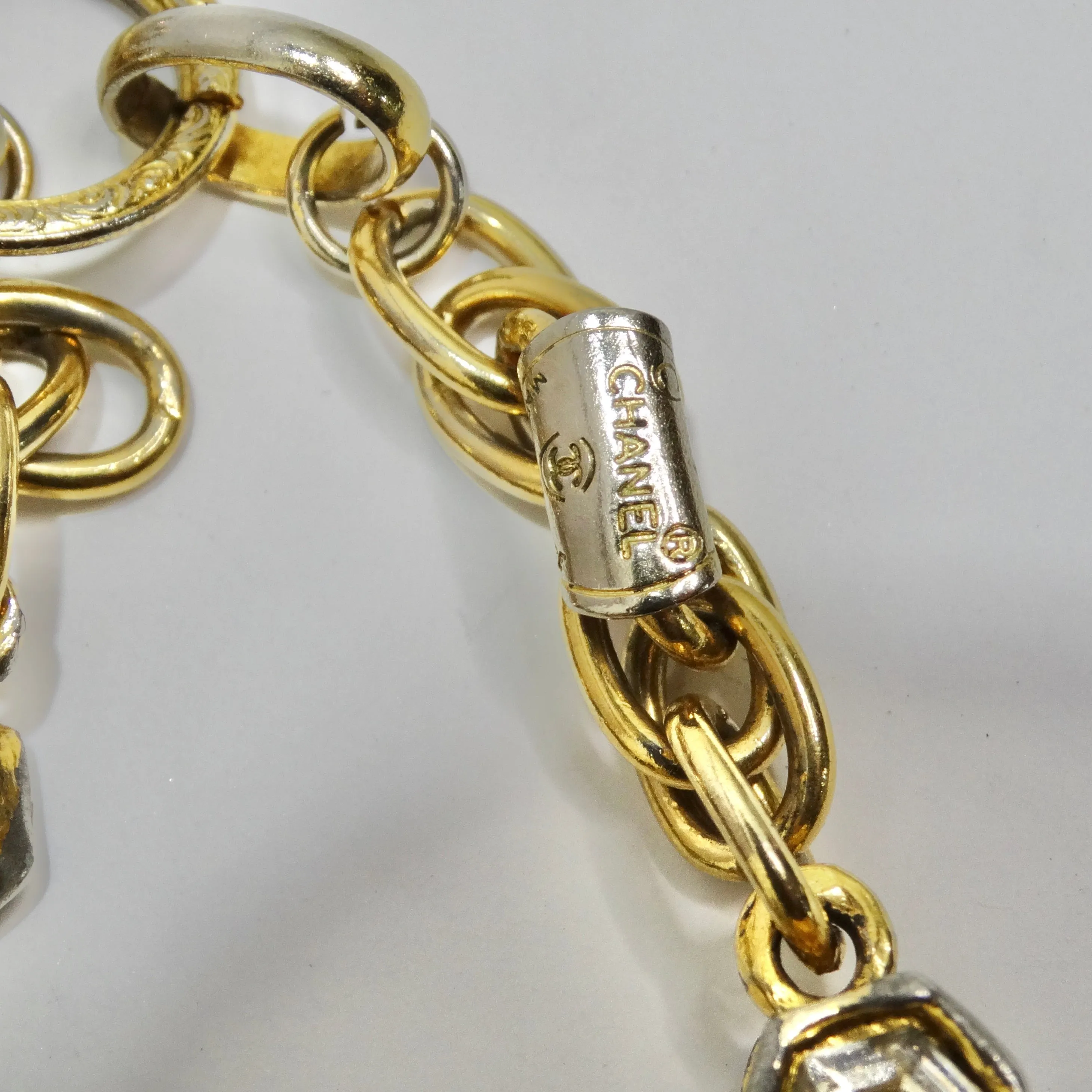 Chanel 1980s CC Charm Gold Tone Rhinestone Bracelet