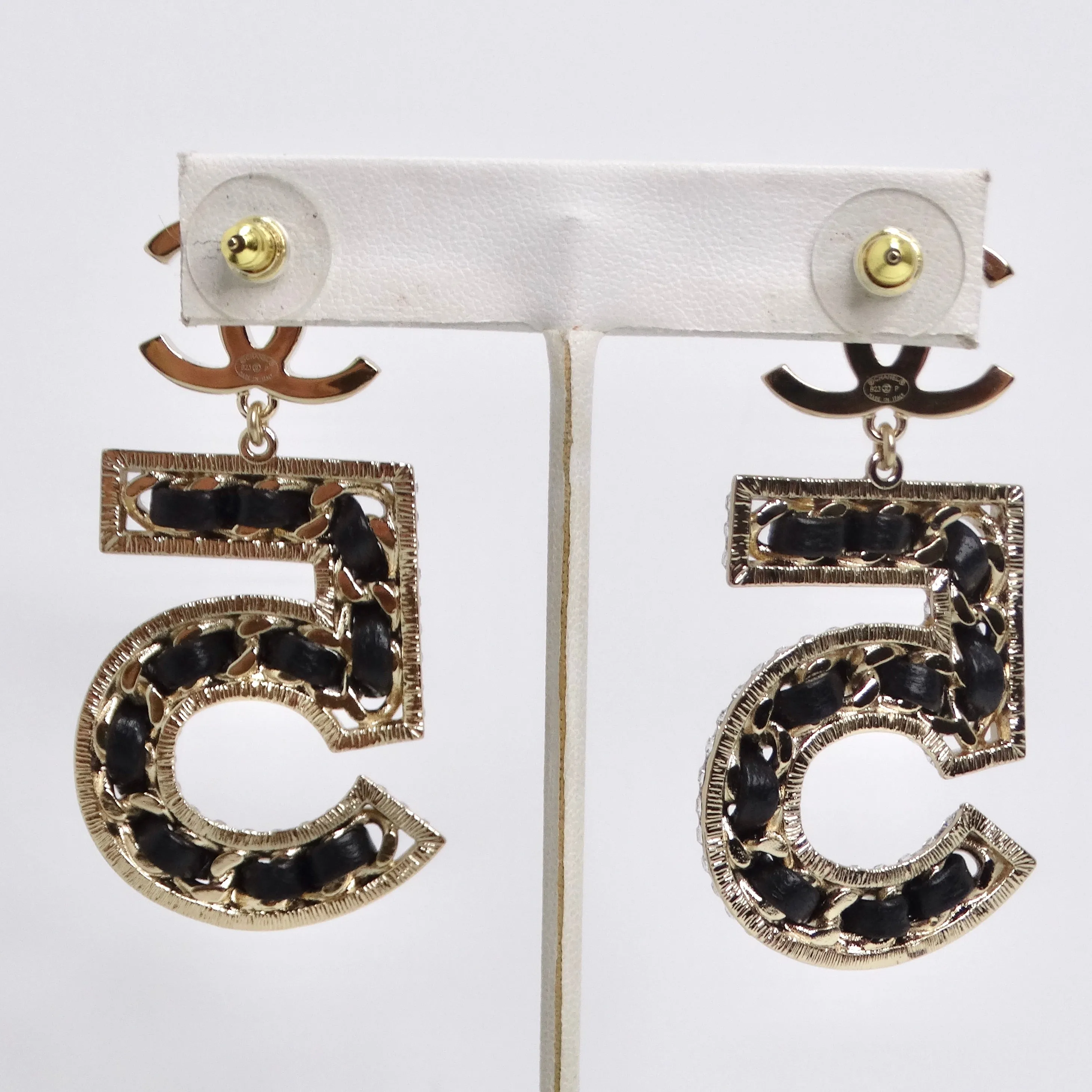 Chanel 2023 Crystal Lambskin Chain CC No. 5 Drop Earrings