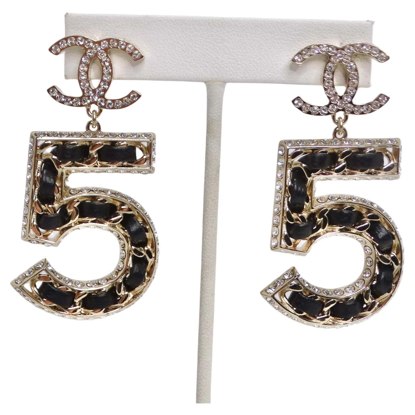 Chanel 2023 Crystal Lambskin Chain CC No. 5 Drop Earrings