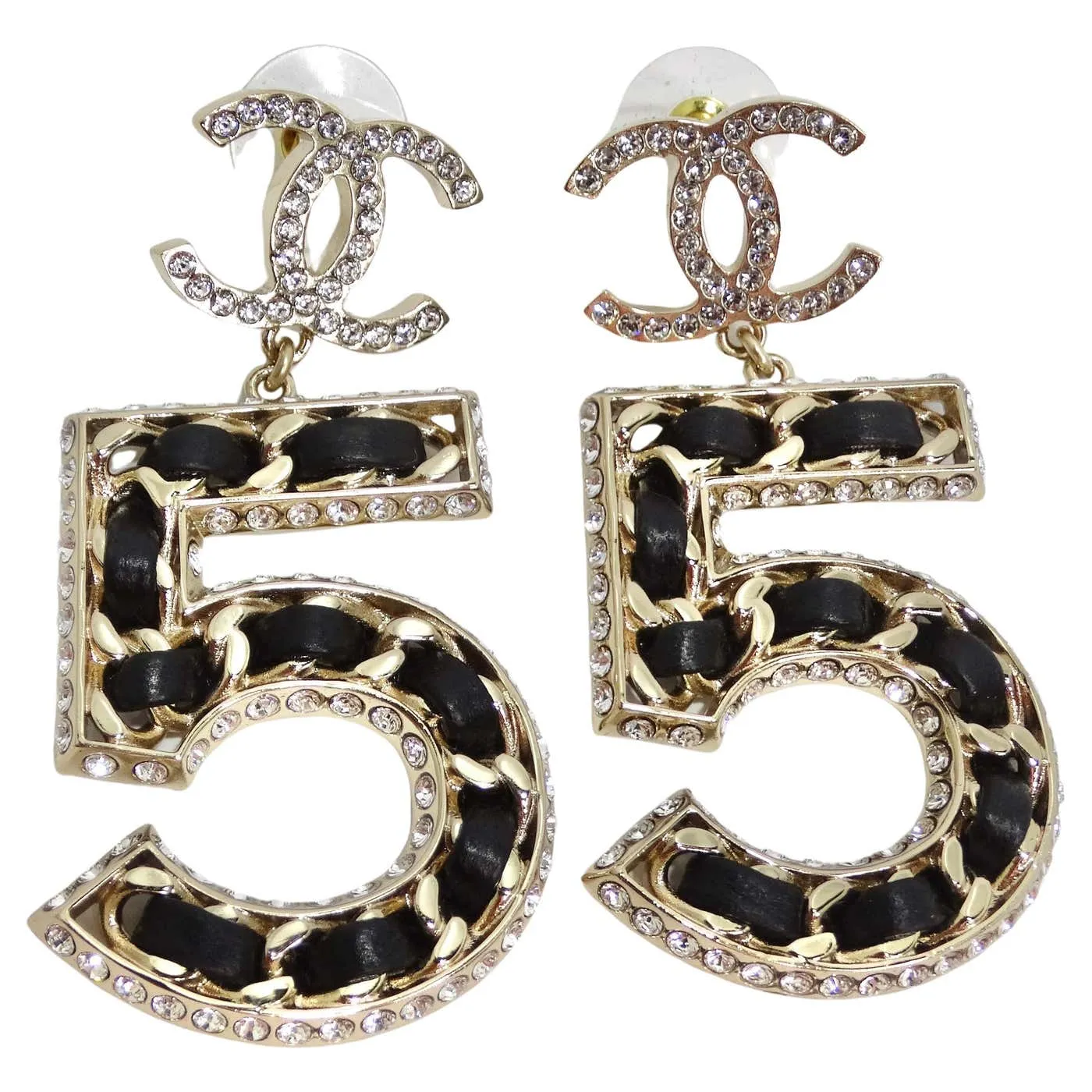 Chanel 2023 Crystal Lambskin Chain CC No. 5 Drop Earrings