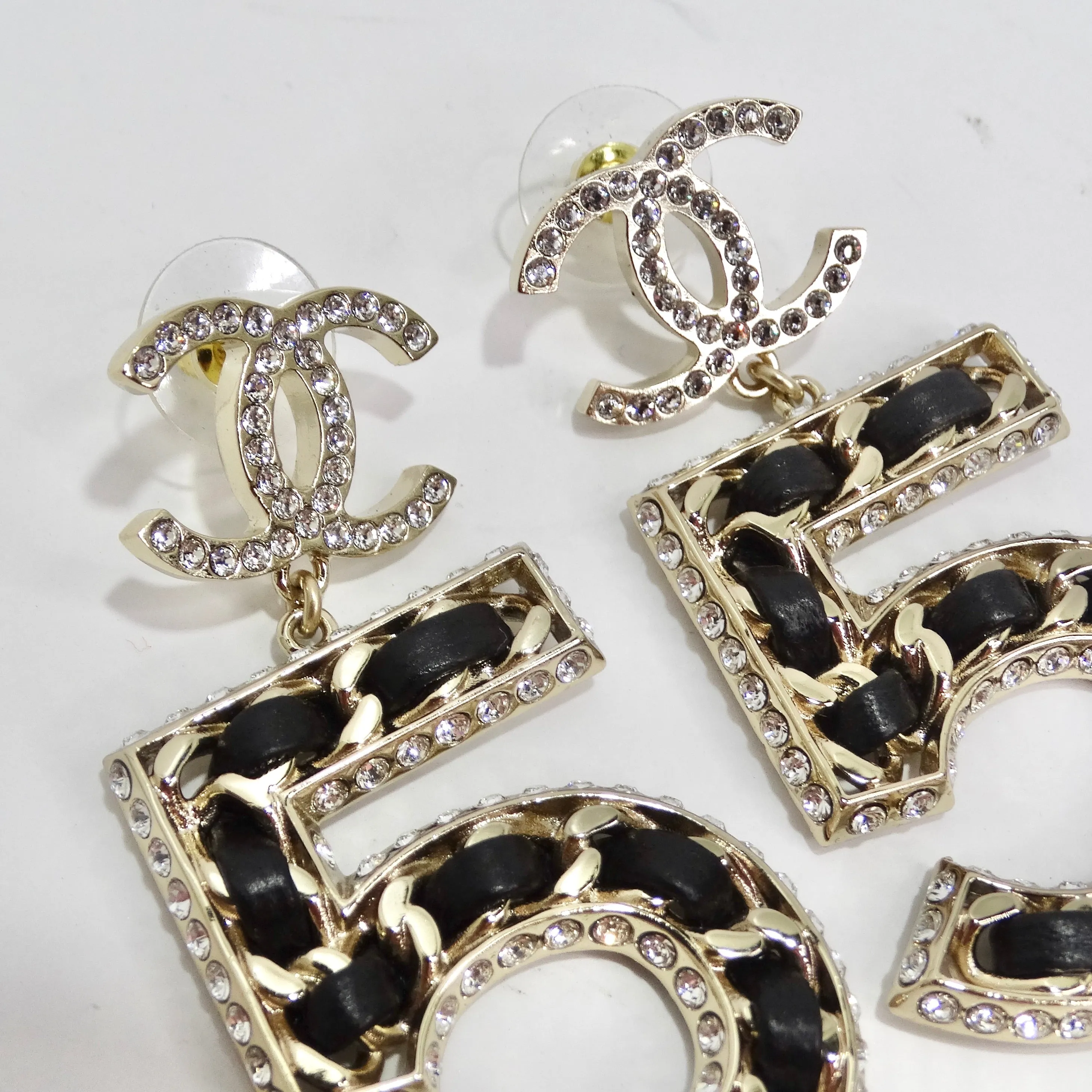 Chanel 2023 Crystal Lambskin Chain CC No. 5 Drop Earrings