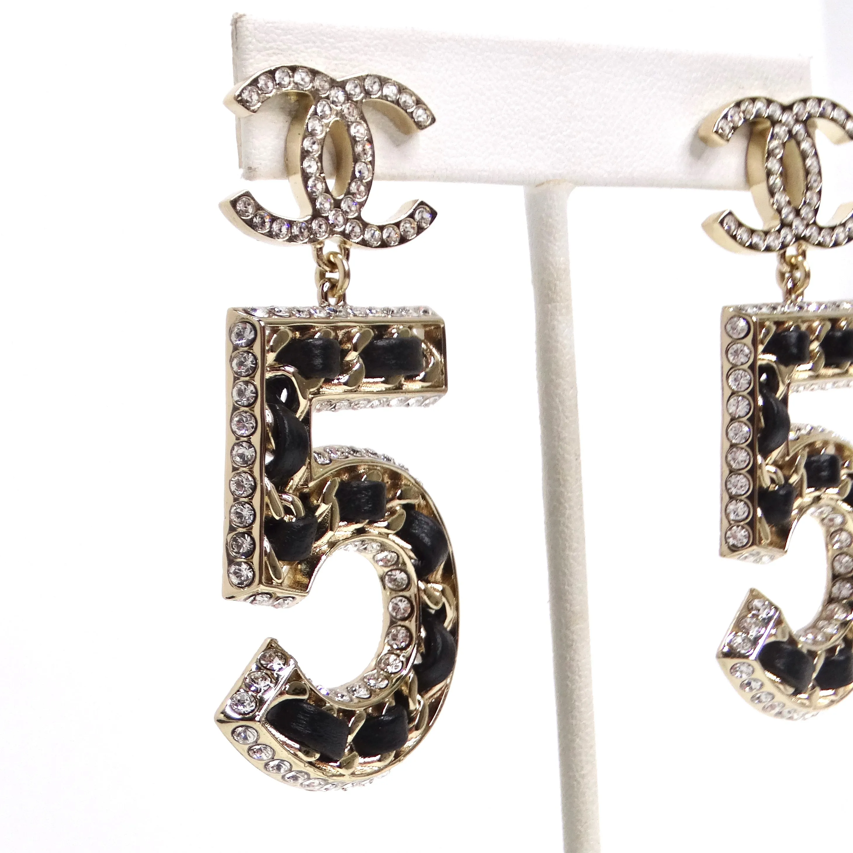 Chanel 2023 Crystal Lambskin Chain CC No. 5 Drop Earrings