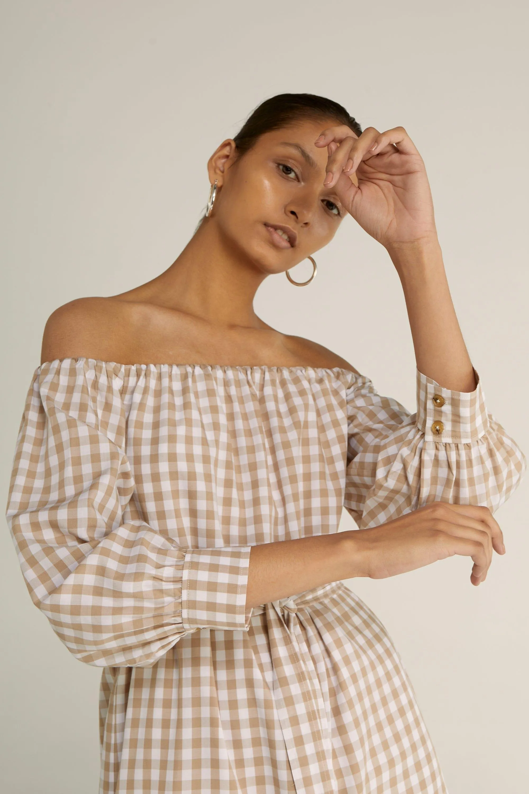 CHECK MATE OFF SHOULDER DRESS | CHECK