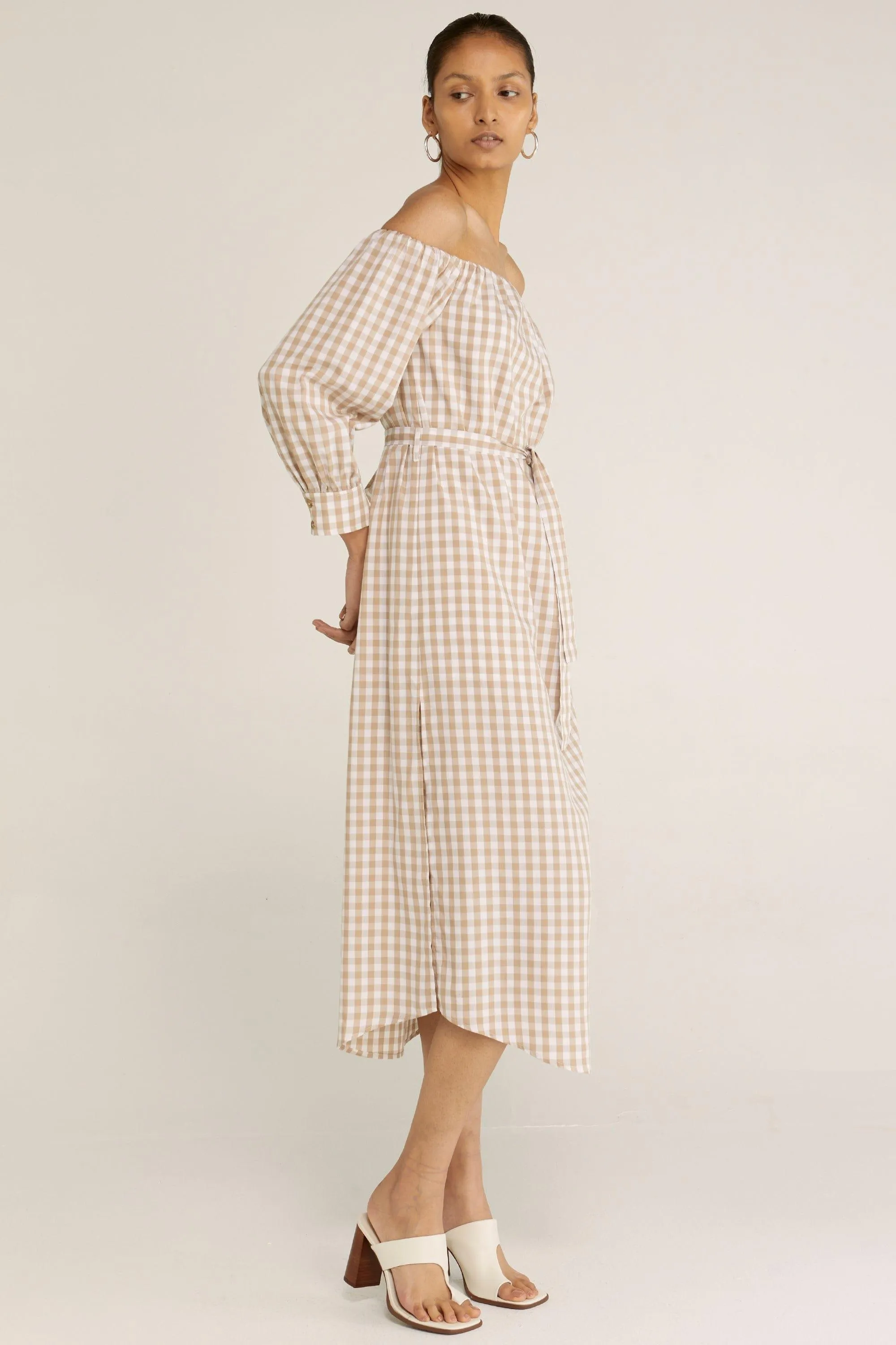 CHECK MATE OFF SHOULDER DRESS | CHECK