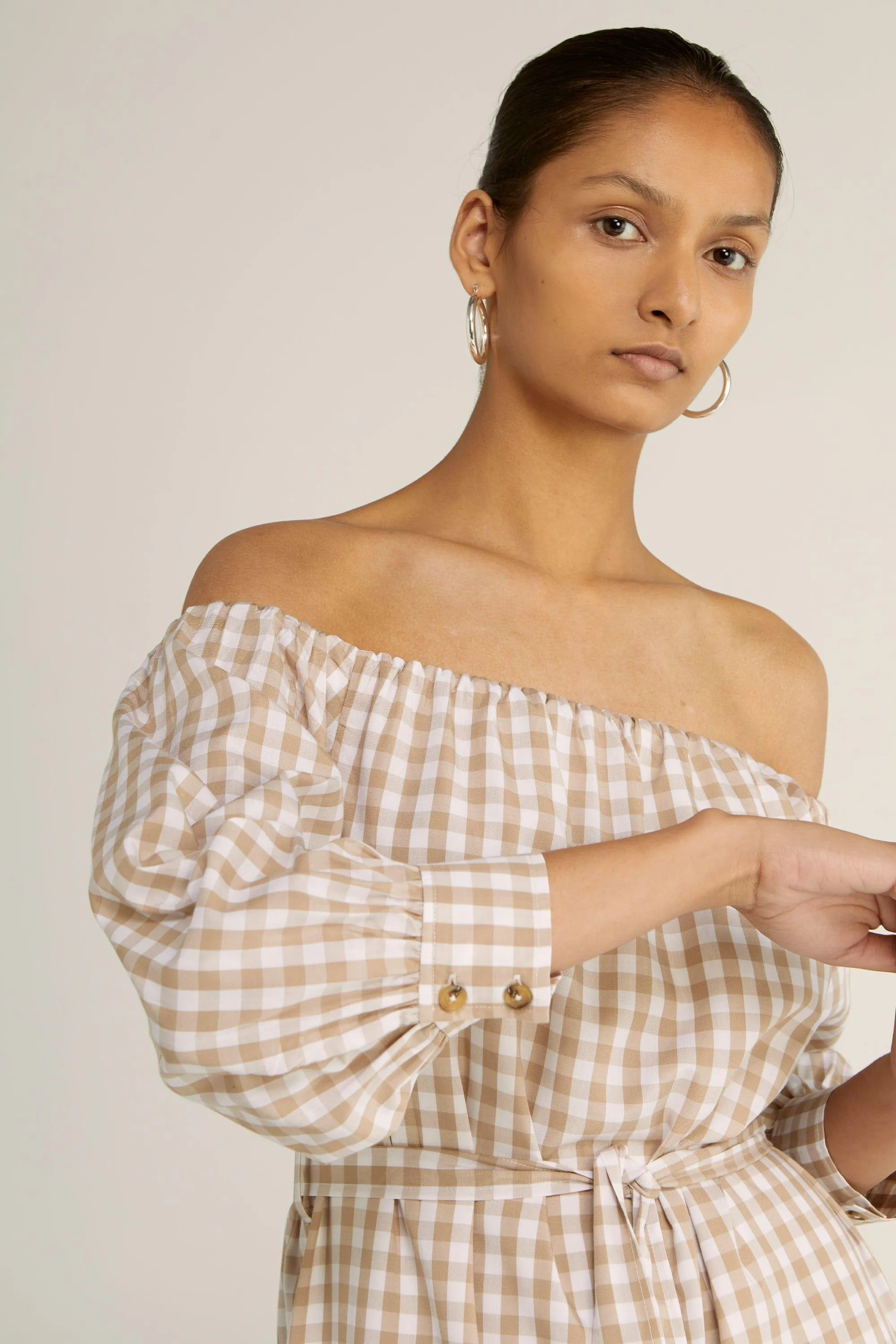 CHECK MATE OFF SHOULDER DRESS | CHECK