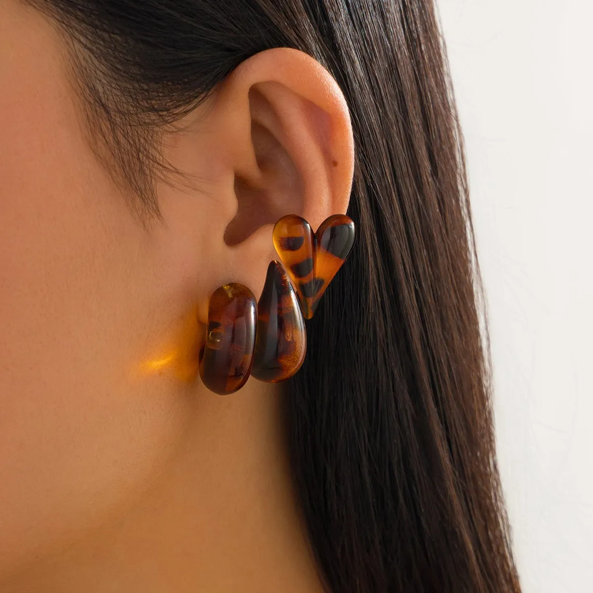 Chic 3 Pairs Leopard Heart Waterdrop Resin Stud Earrings Set
