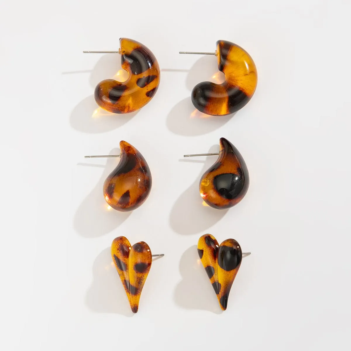 Chic 3 Pairs Leopard Heart Waterdrop Resin Stud Earrings Set