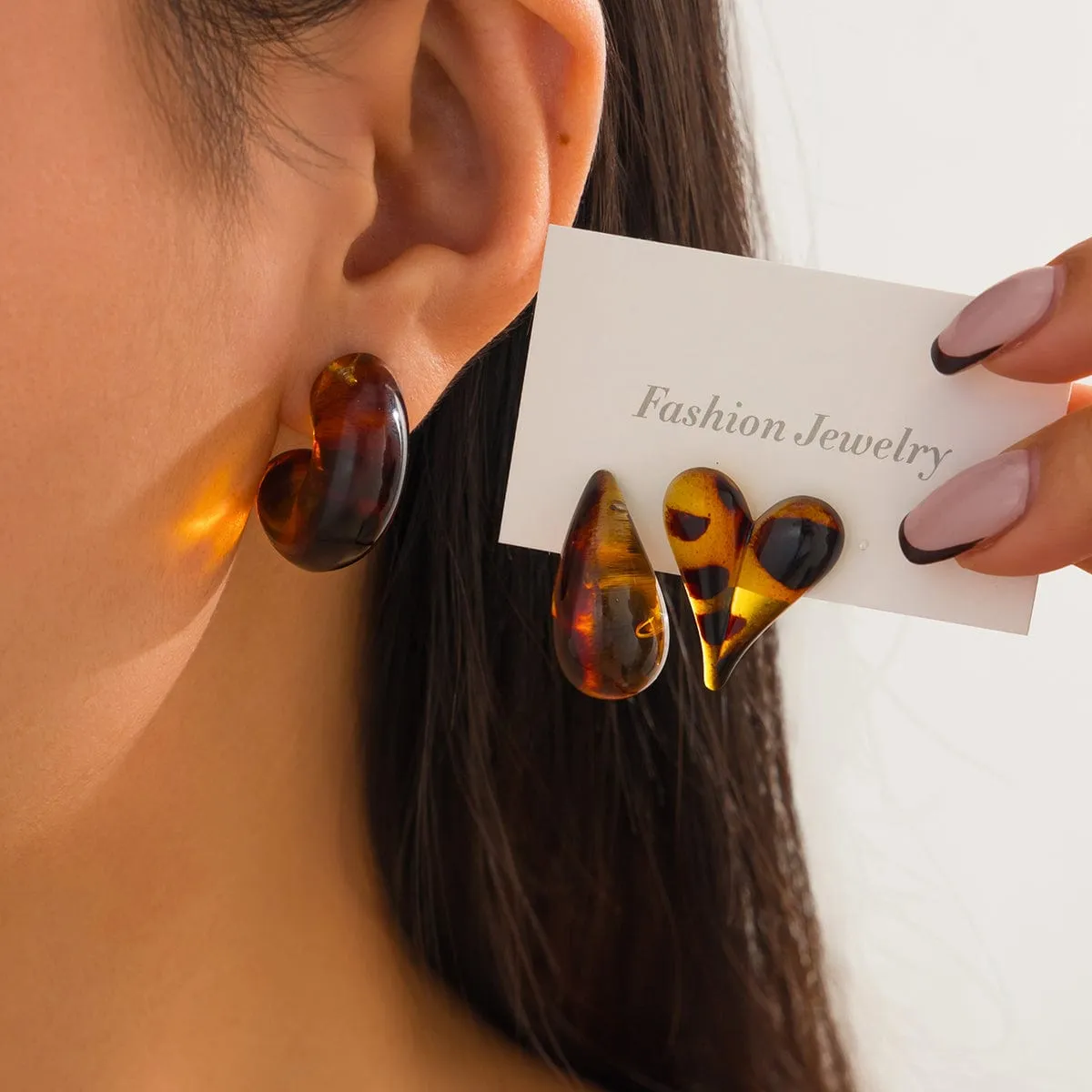 Chic 3 Pairs Leopard Heart Waterdrop Resin Stud Earrings Set