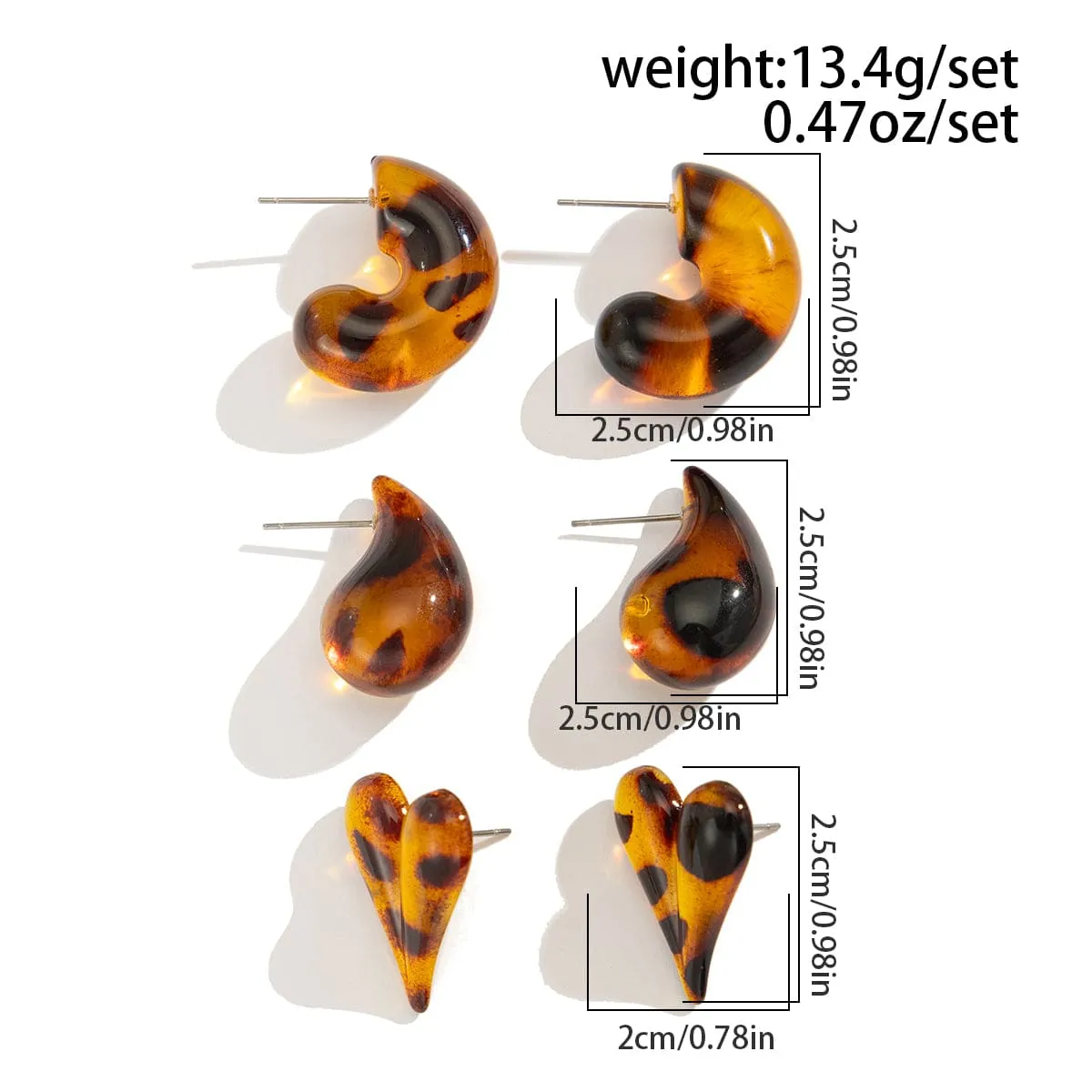 Chic 3 Pairs Leopard Heart Waterdrop Resin Stud Earrings Set
