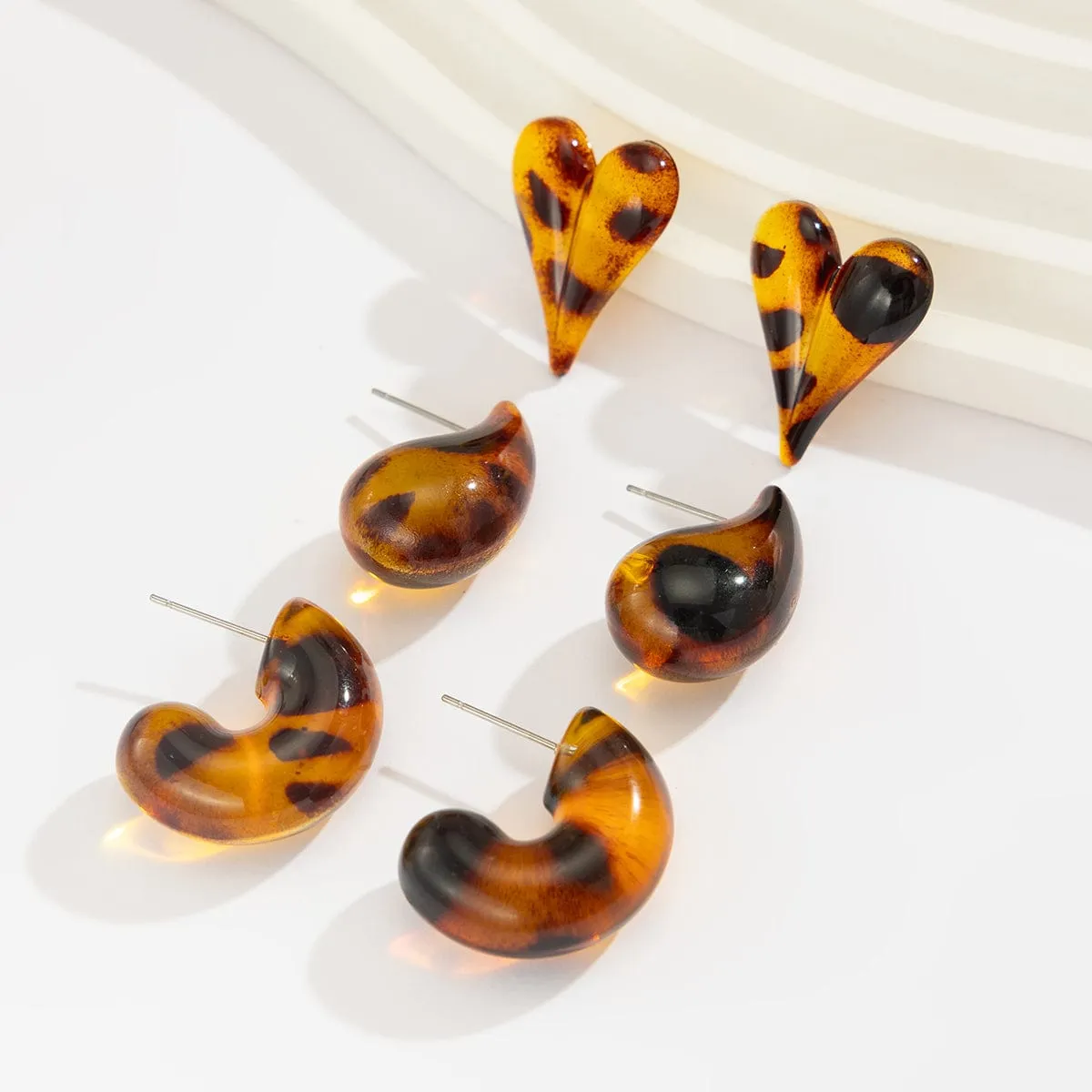 Chic 3 Pairs Leopard Heart Waterdrop Resin Stud Earrings Set
