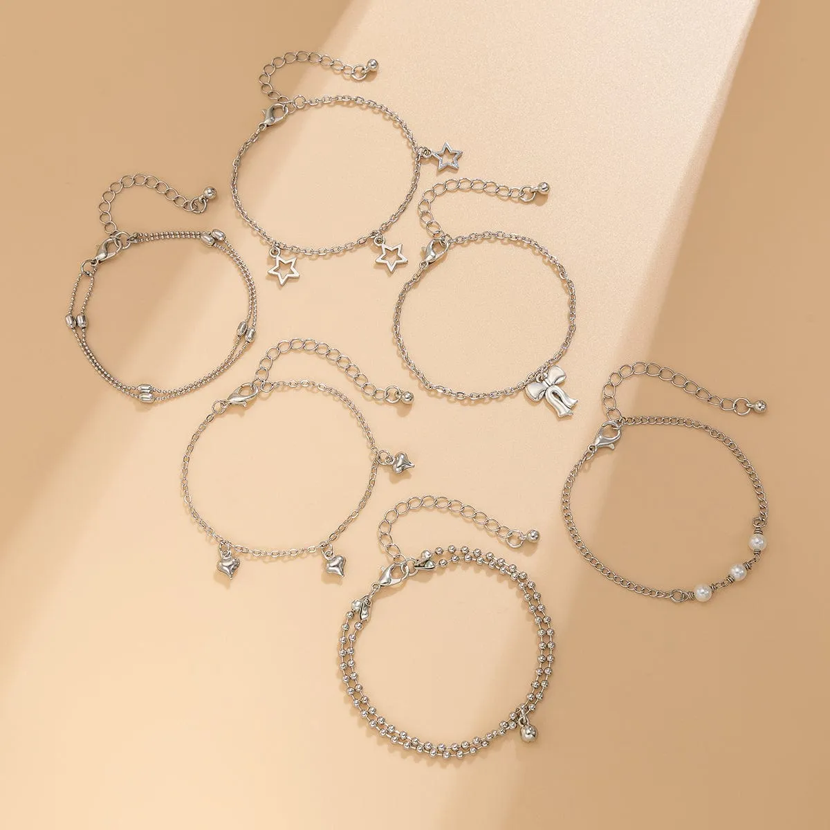 Chic Layered Bowknot Star Heart Tassel Ball Cable Chain Bracelet Set