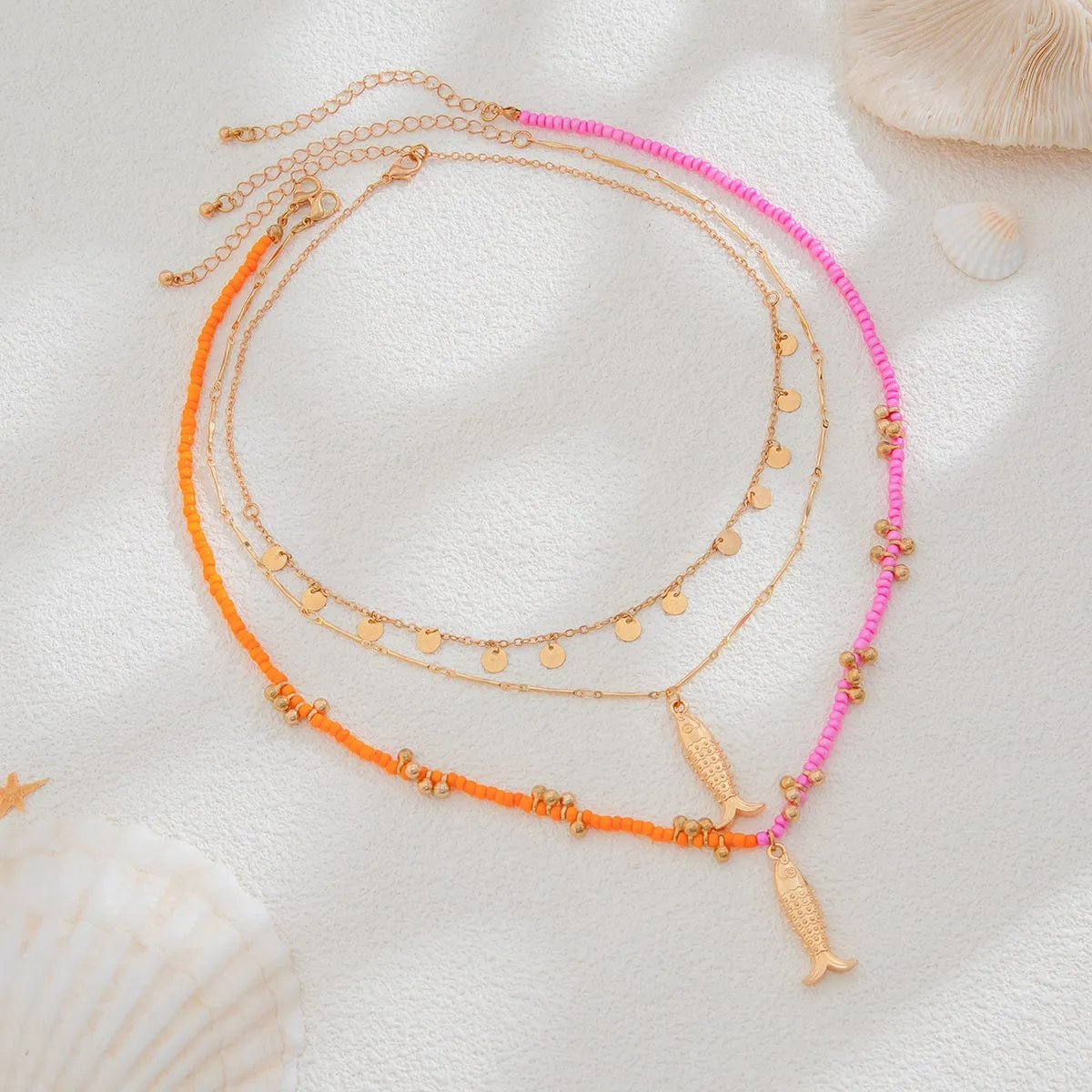 Chic Layered Fish Pendant Sequin Tassel Seed Beaded Necklace Set