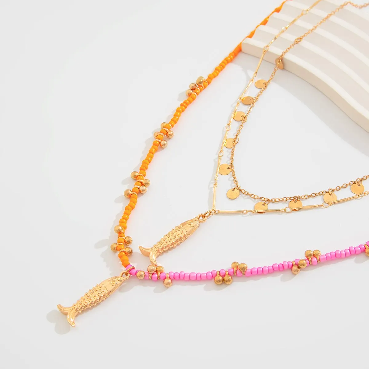 Chic Layered Fish Pendant Sequin Tassel Seed Beaded Necklace Set